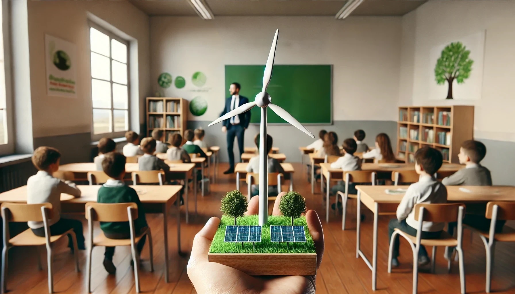 Educazione energetica in classe: modello di turbina e pannelli solari tenuto in mano, con bambini e insegnante sullo sfondo. Lezione sulla sostenibilità e l'efficienza energetica.