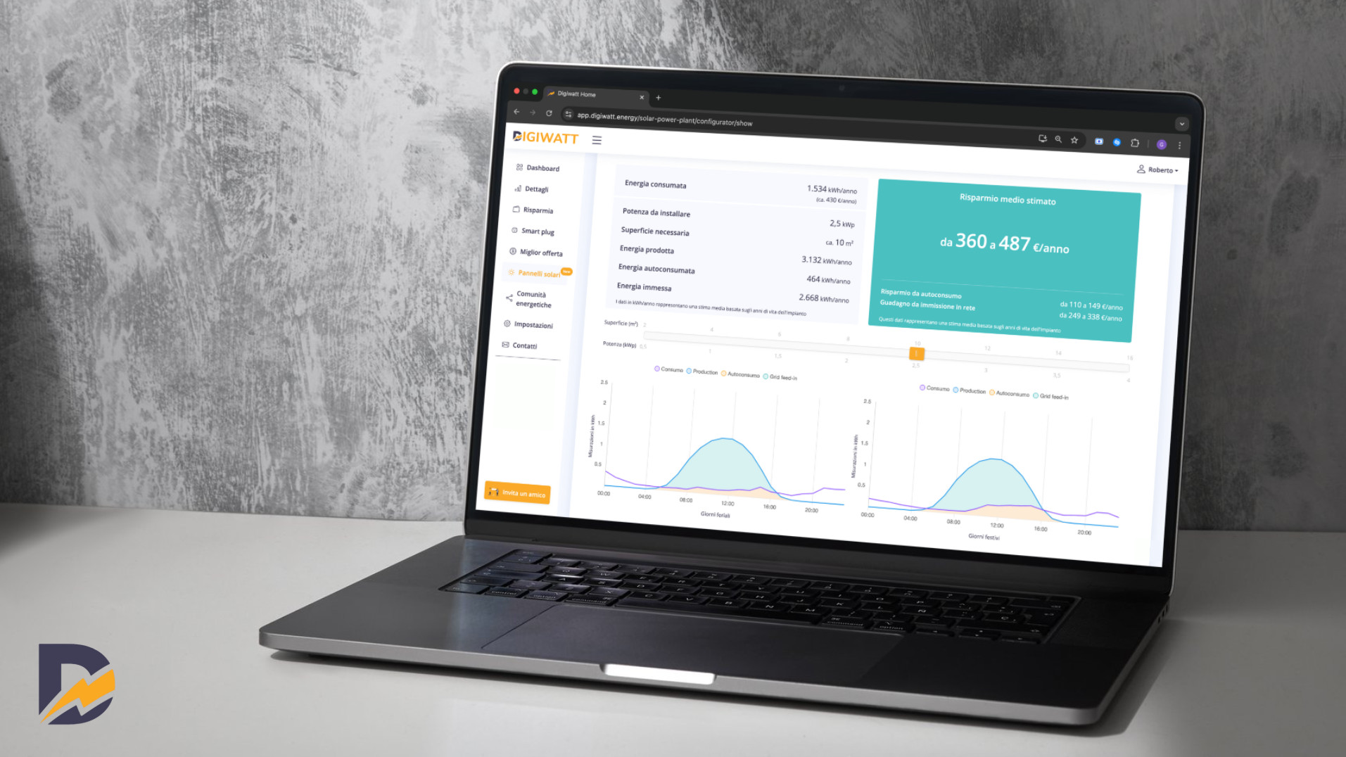 Interfaccia Digiwatt Home con simulazione dei risparmi annuali grazie ai pannelli solari.