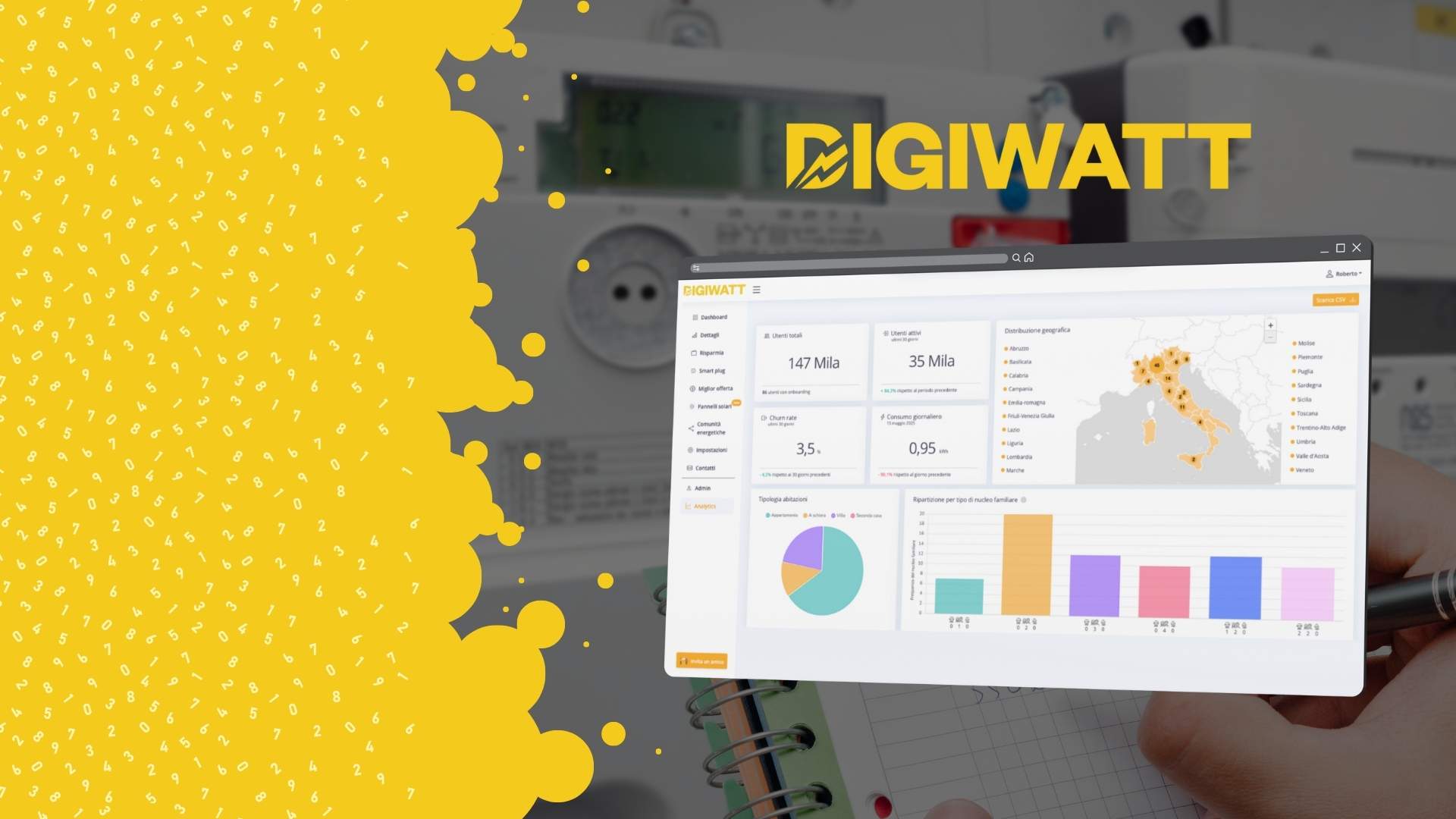 Dashboard Digiwatt con grafici e mappa dei consumi energetici