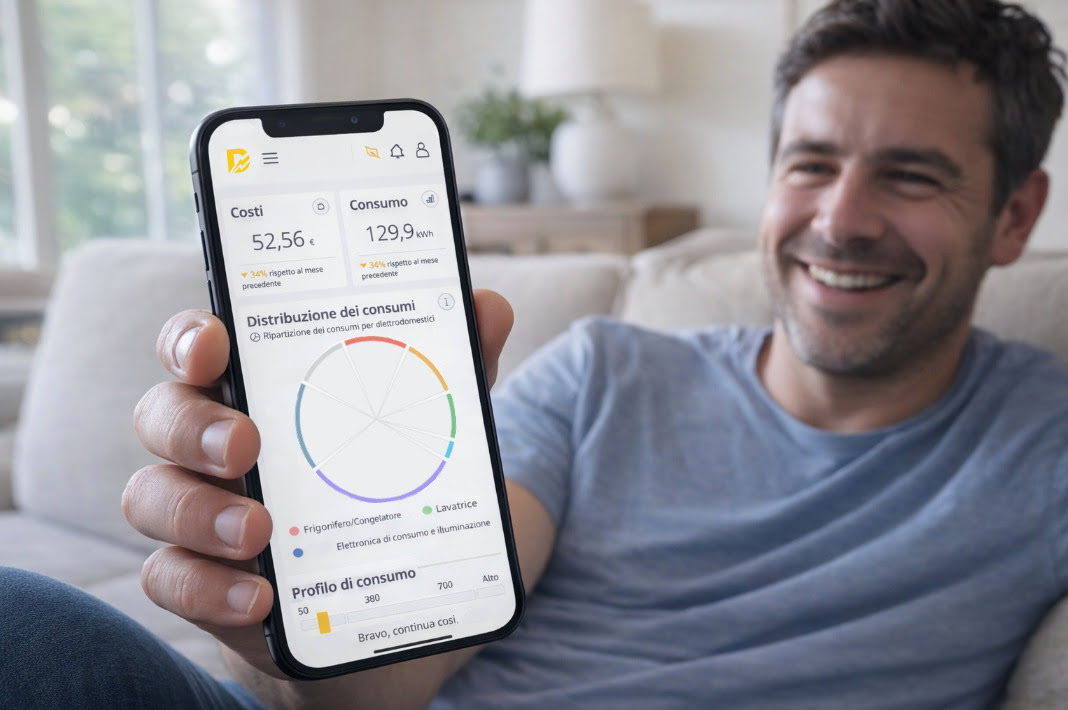 Uomo sorridente che mostra sullo smartphone l’app Digiwatt con grafico di disaggregazione dei consumi energetici domestici